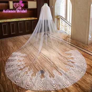 

AOLANES New 3M Wide 3.5M Long Cathedral Wedding Veil Ivory Gold Lace Applique Edge Two-layer Bridal Veils Voile Mariage Real