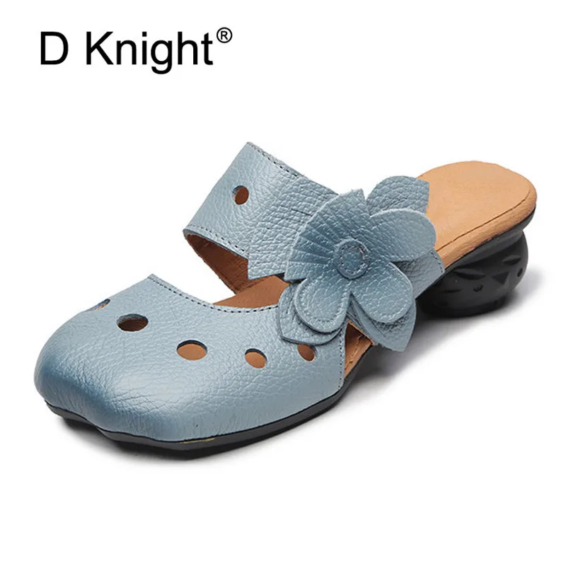 2018 Original Retro Handmade Women Slippers Summer Cow Leather Soft Bottom High Med Heels Slides Flower Hollow Out Female Sandal (2)