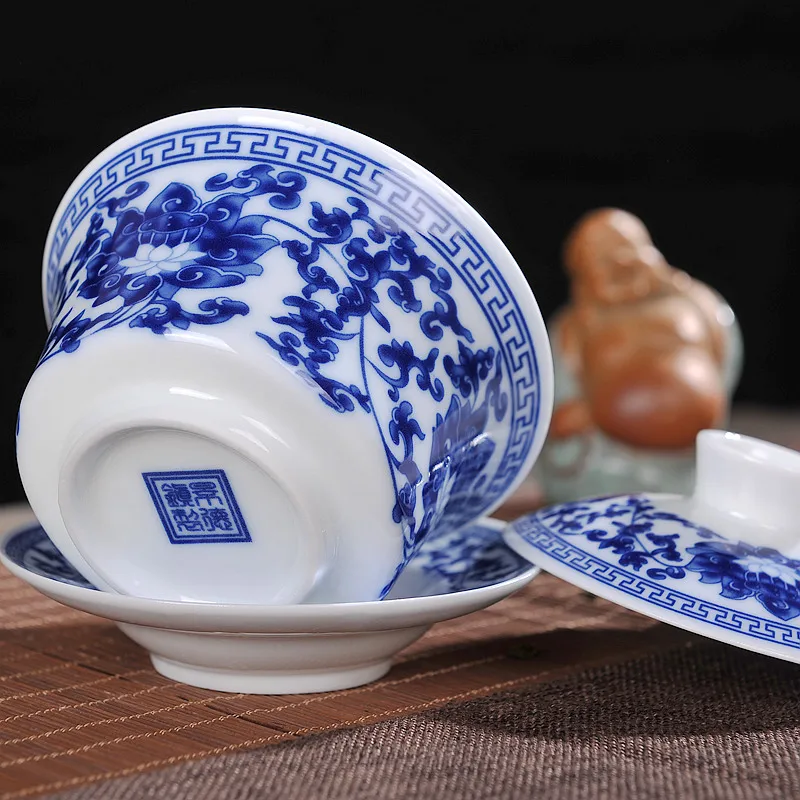 Китайский чайный набор кунг фу Gaiwan синий и белый фарфор чай Супница керамическая