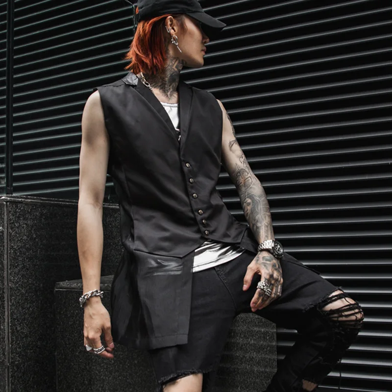 

Men Slim Fit Suit Vest Jacket Male Punk Gothic Long Vest Sleeveless Coat Waistcoat Stage Show Clothes