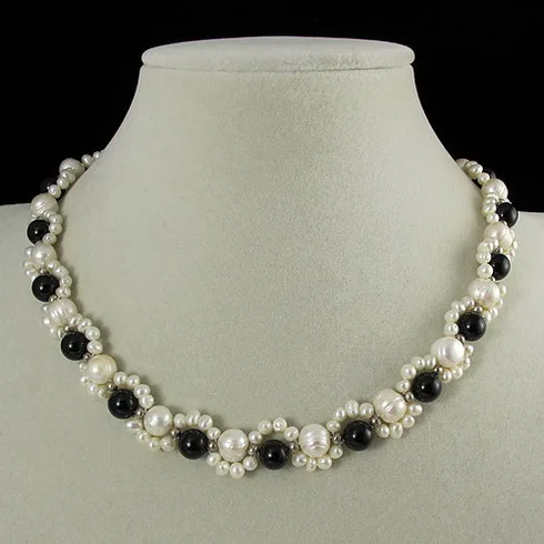 

Unique Pearls jewellery Store,45cm AA 3-8MM Handmade Black Agates White Freshwater Pearl Necklace,Charming Women Gift
