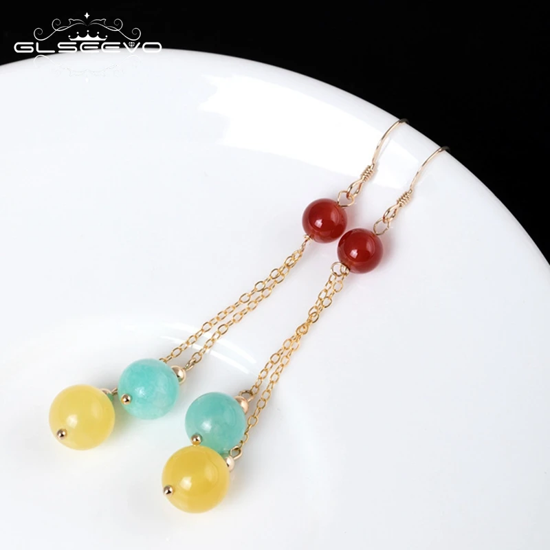 

GLSEEVO14k Gold Plated Garnet Amazonite Stone Long Drop Earrings Women Natural Ceromel Amber Colorful Earrings Jewellery GE0419