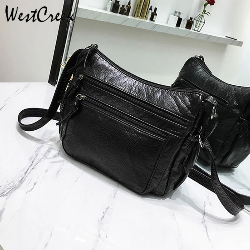 WESTCREEK العلامة التجارية بو الجلود المرأة حقيبة ساعي صغيرة رفرف سيدة Crossbody حقيبة يد الأسود