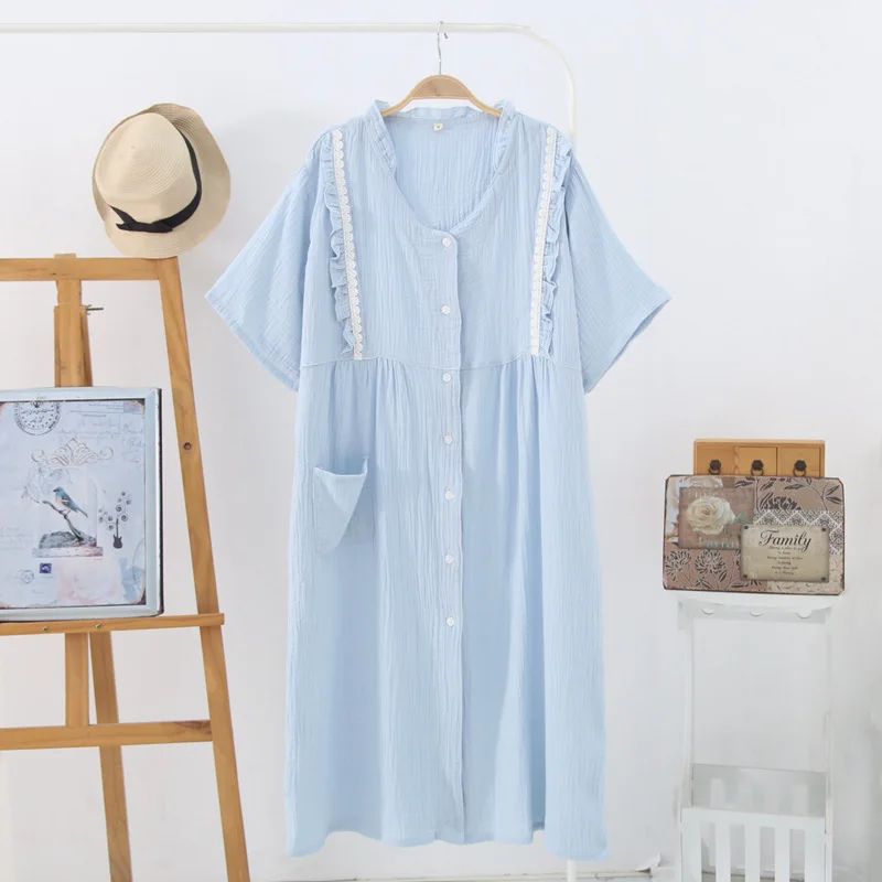 Весна Лето Материнство платье для беременных, для кормящих женщин хлопок пижамы ночное белье Грудное вскармливание верхняя одежда ночная рубашка - Цвет: Синий