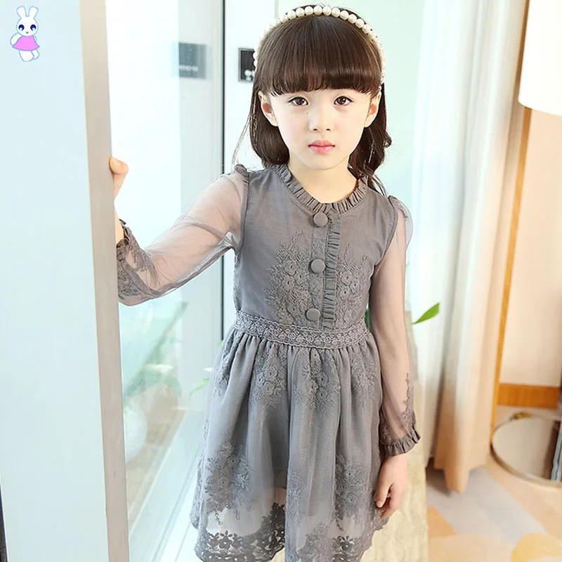 2018 New Spring Girl Net Yarn Long-sleeves Dress Lace Princess Kids Cotton Button Decoration Dresses For Party Girls | Детская одежда и