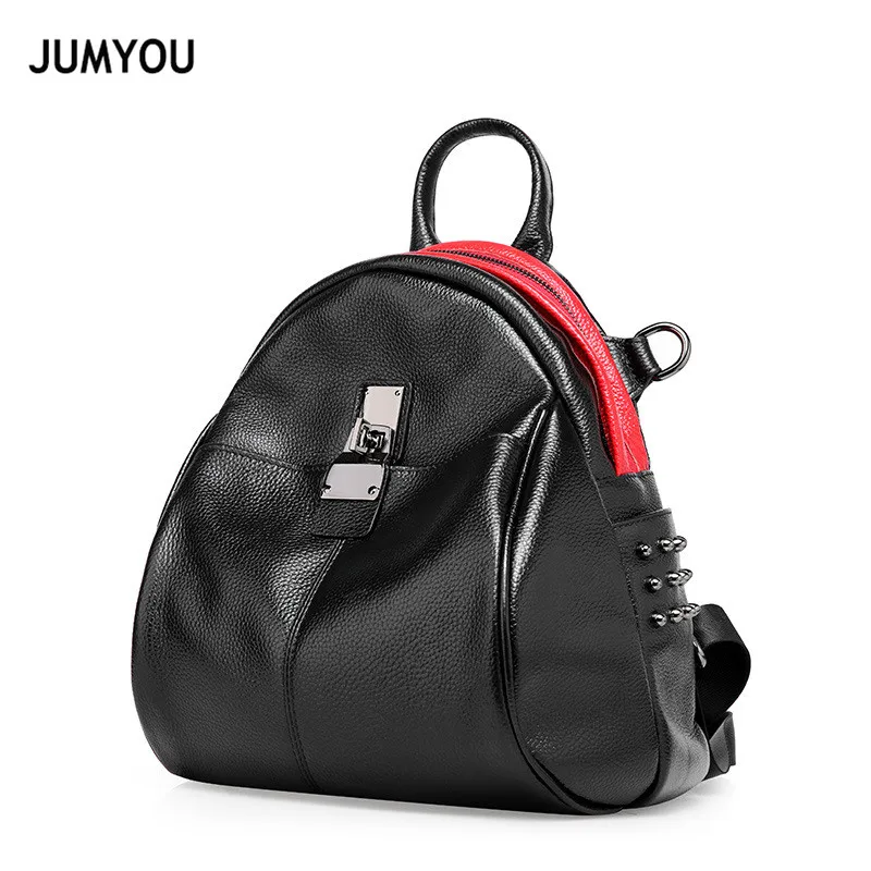 Backpack Women Genuine Leather Small Rivet Black Soft Casual Fashion Real Leather Backpack For ...