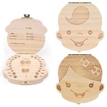 

Spanish/English/Russian/French Wood Tooth Box Organizer Save Milk Teeth Wood Storage Collecting Teeth Umbilical Cord organizador