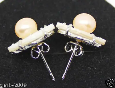 

Hot sell Noble- hot sell new - lady's Natural 6-7mm pink Freshwater Pearl Shell Flower 925 Silver Earrings