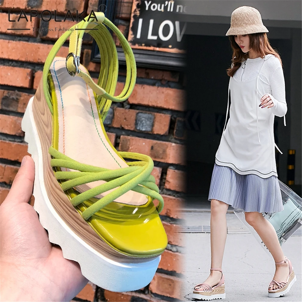 

Lapolaka 2019 Hot Sale Cow Leather Summer Sandals Woman Shoes Buckles Strap Platform Party Wedding Sandals Female Shoes Woman