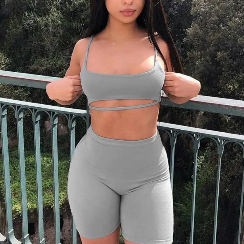 

2pcs Womens Suit Sports Tracksuit Sexy Sleeveless Crop Tops Elastic Waist Shorts Solid Color Casual Lounge Wear Black Gray #2