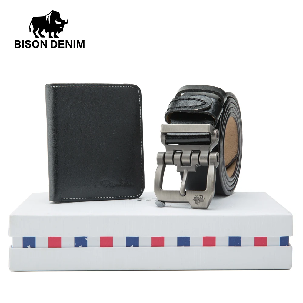 Мужской ремень из натуральной кожи BISON DENIM модный кошелек с пряжкой язычком набор
