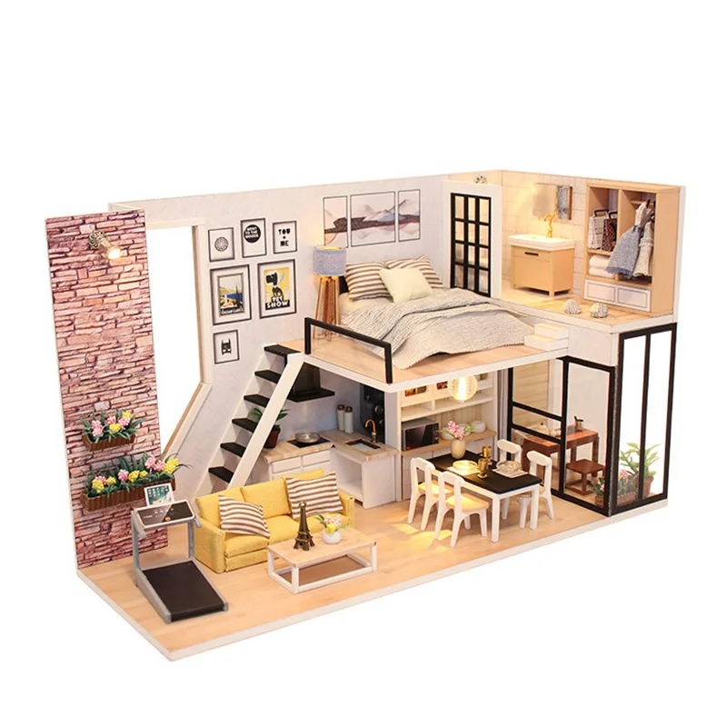 

DIY Doll House Miniature Toys Handmade Wooden Dollhouse with Furnitures Assemble Building Kits Toy for Children Birthday Gift