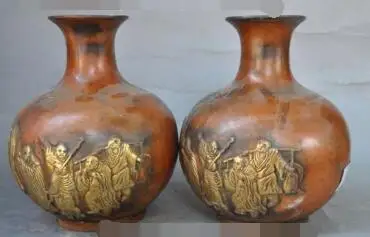 

S2730 7"Folk China Myth Bronze Gilt Eighteen Arhats Buddha Statue Bottle Vase Pot Pair
