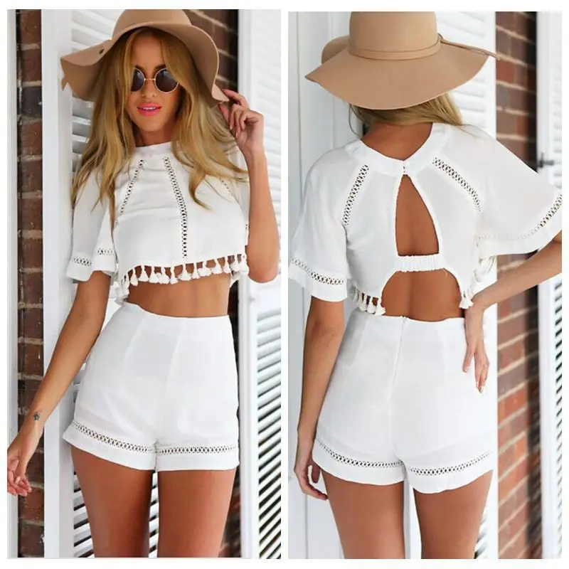 

2 Piece Playsuit Set Short Backless Bodycon Dress Sexy White High Waist Shorts for Women
