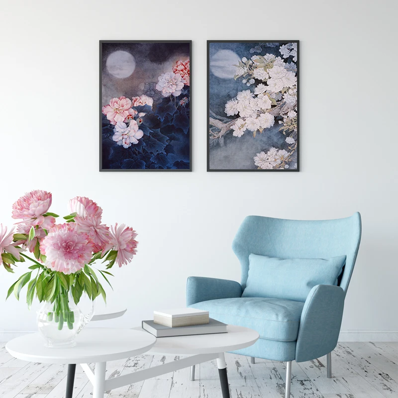 2 Traditional Chinese Flower Poster Paintings Hallway The Moon Print Pictures Classic Bedroom Wall Art Living room Decor
