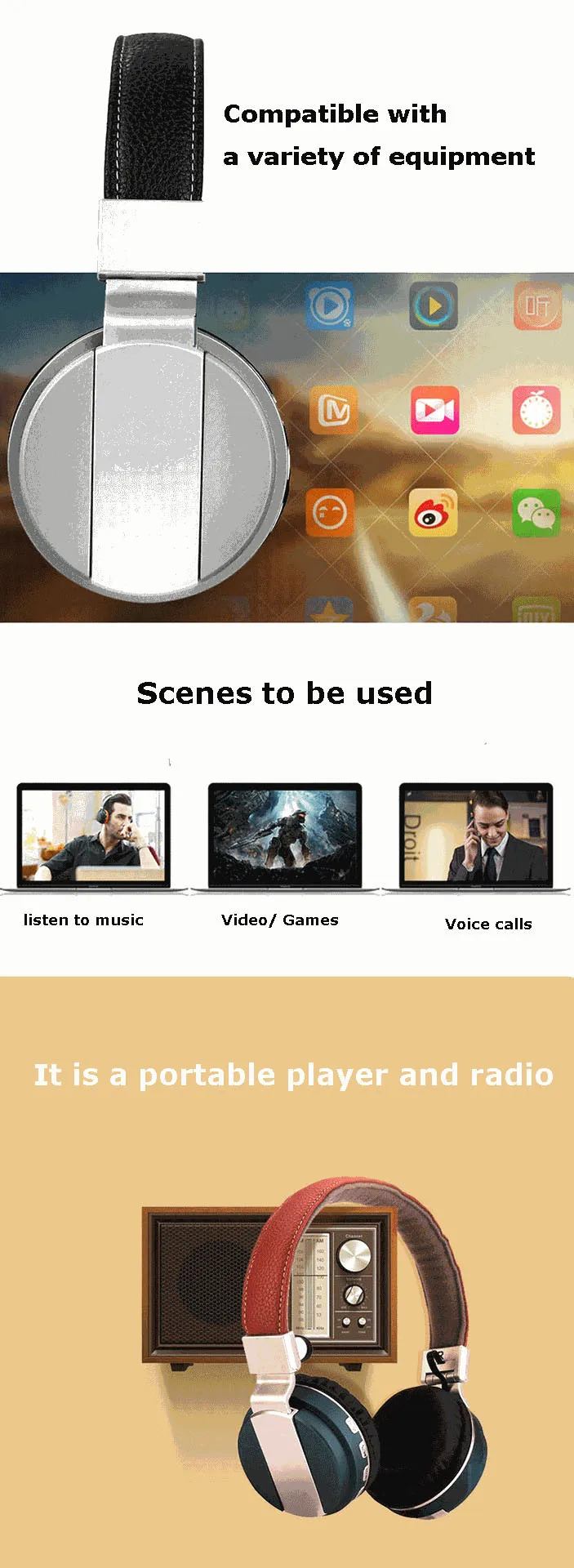 Bluetooth HiFi Headset Stereo FM Radio TF Card Wireless Headphone for iPhone HTC_19