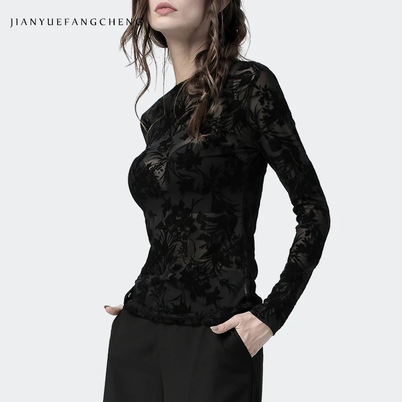 Джемпер прозрачный черный Женские топы и блузки длинный рукав плюс размер Повседневная Новинка весна осень Флокирование Топ - Цвет: Black