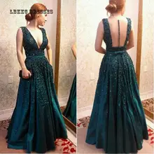 Бирюзовые Сатиновые Вечерние платья Длинные сексуальные платья с глубоким v-образным вырезом и блестками с открытой спиной с аппликацией вечерние женские платья с карманами Robe De Soiree