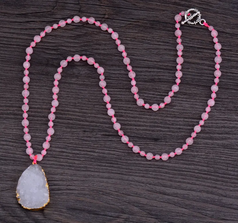 Exclusive Handmade Pink Stones Gilded Druzy Pendant Necklace Classic