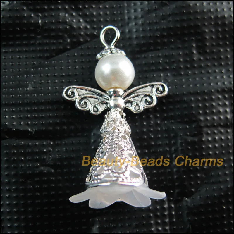 

New 4Pcs White Acrylic Angel Wings Tibetan Silver Tone Charms Pendants 22x37mm