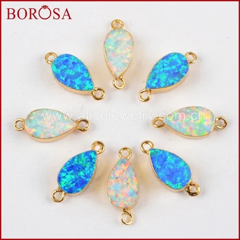 

BOROSA 10pieces Teardrop Shape Gold Color White/Blue Japanese Opal Connectors Beads for Druzy Charm Bracelets G1463