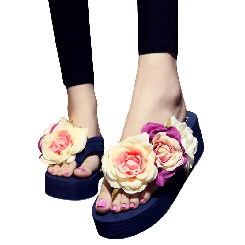 HEE GRAND/Летние вьетнамки; коллекция года; пляжные Шлёпанцы на танкетке; Повседневная обувь без шнуровки на толстой резиновой подошве; обувь на платформе; женские тапочки с милыми цветами; XWT590 - Цвет: blue