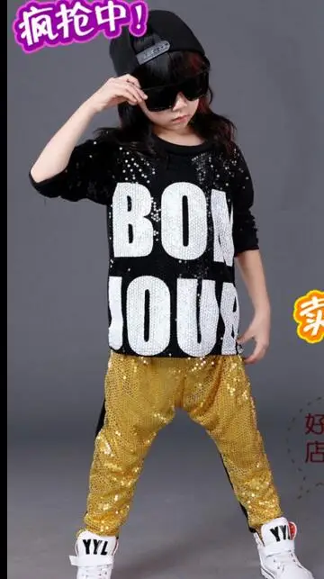 Корейский модный комплект одежды в стиле хип-хоп с блестками для мальчиков и девочек, детский костюм в стиле джаз Топ и штаны-шаровары Детская Одежда для танцев в стиле хип-хоп