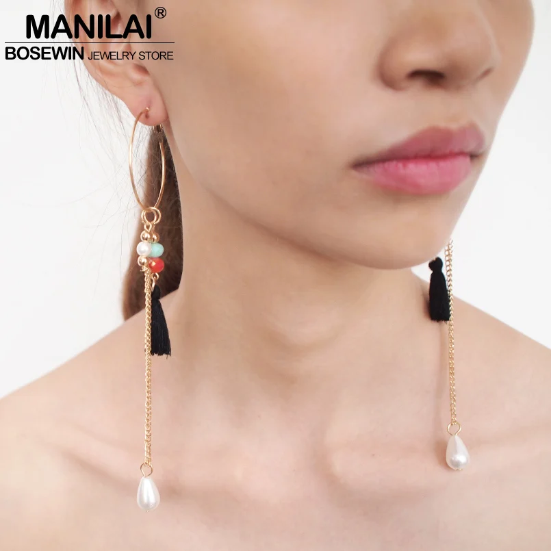 

MANILAI Fashion Cute Circular Crystal Dangle Earrings Female Charm Imitation Pearl Cotton Tassel Long Earrings Brincos Jewelry