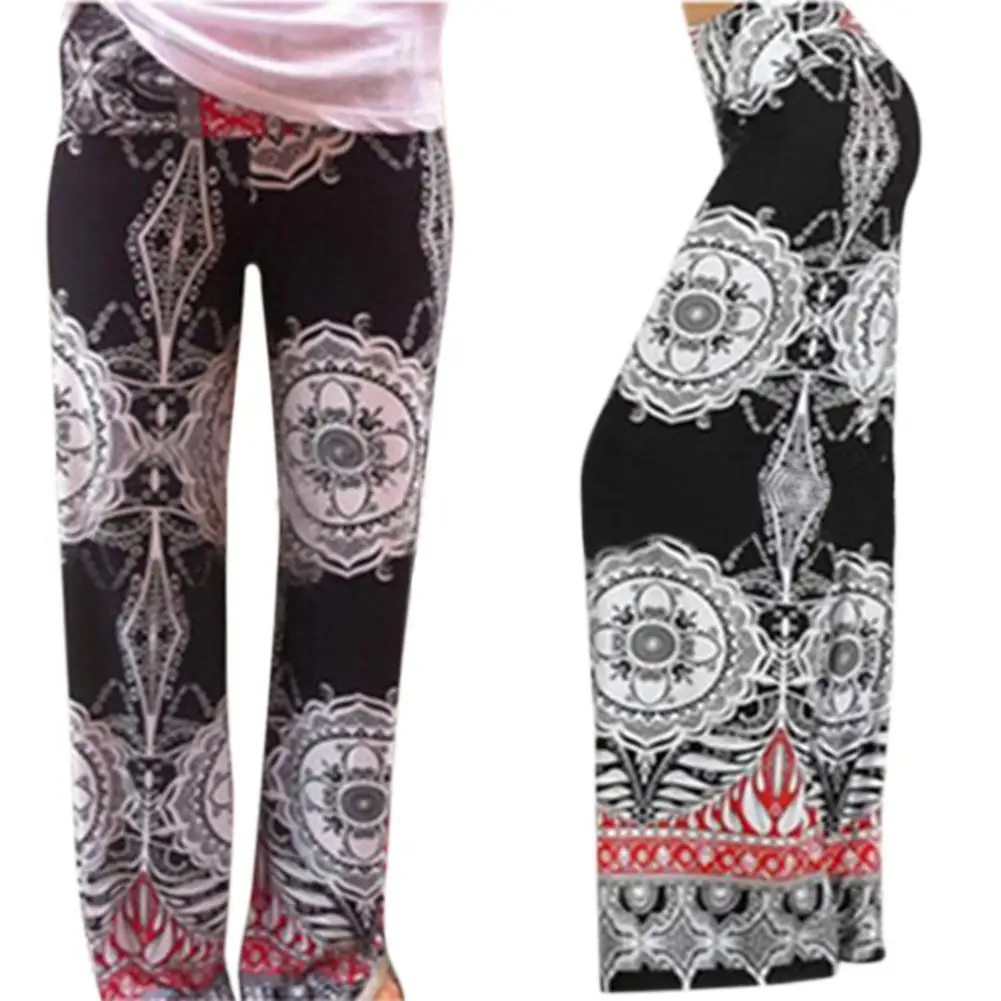 

Yfashion Boho Style Wide Leg Pants Beach Ethnic Style Printing Middle Waist Fitted Pants Trousers for Women Female