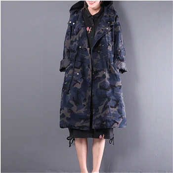 

2018 Autumn Winter New Loose Large Size Women's Clothing Art Hooded Double-Breasted Camouflage Windbreaker Women's Jacket HJB45