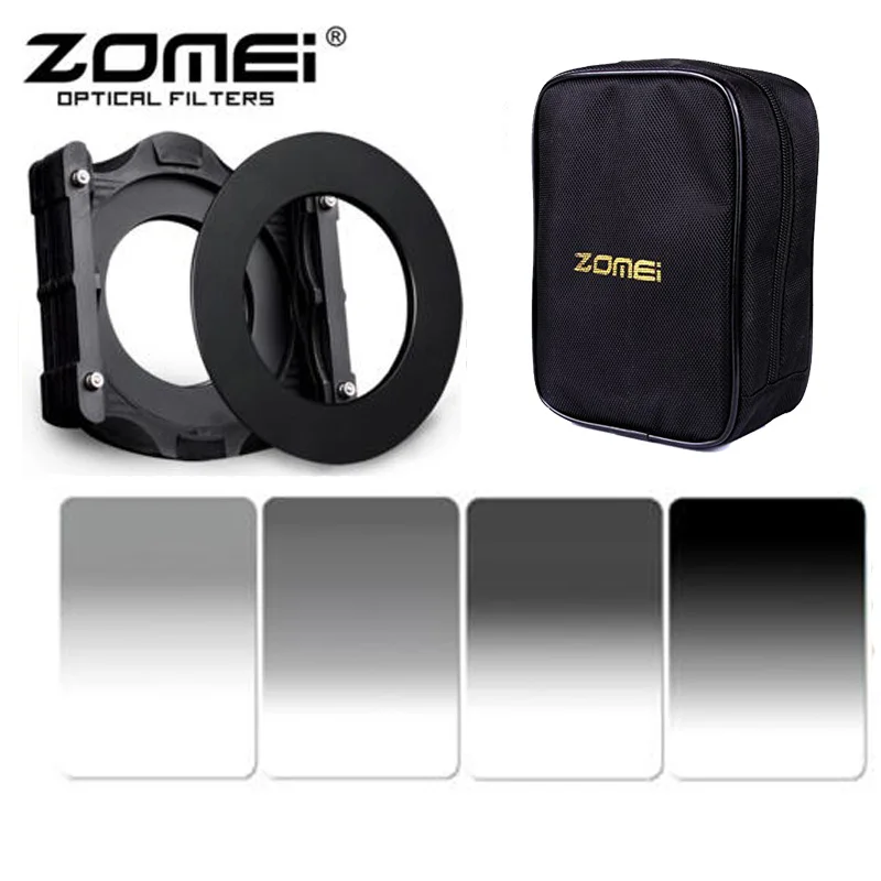 

Zomei 100*150mm Square Gradual Gray Filter ND2 ND4 ND8 ND16+67/72/77/82/86/95mm adapter ring+Holder+16 Slot Case For Cokin Z Lee