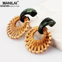 MANILAI большой круговой соломы ротанга вязать серьги гвоздики для женщин Богемия акриловые массивные серьги ювелирные аксессуары