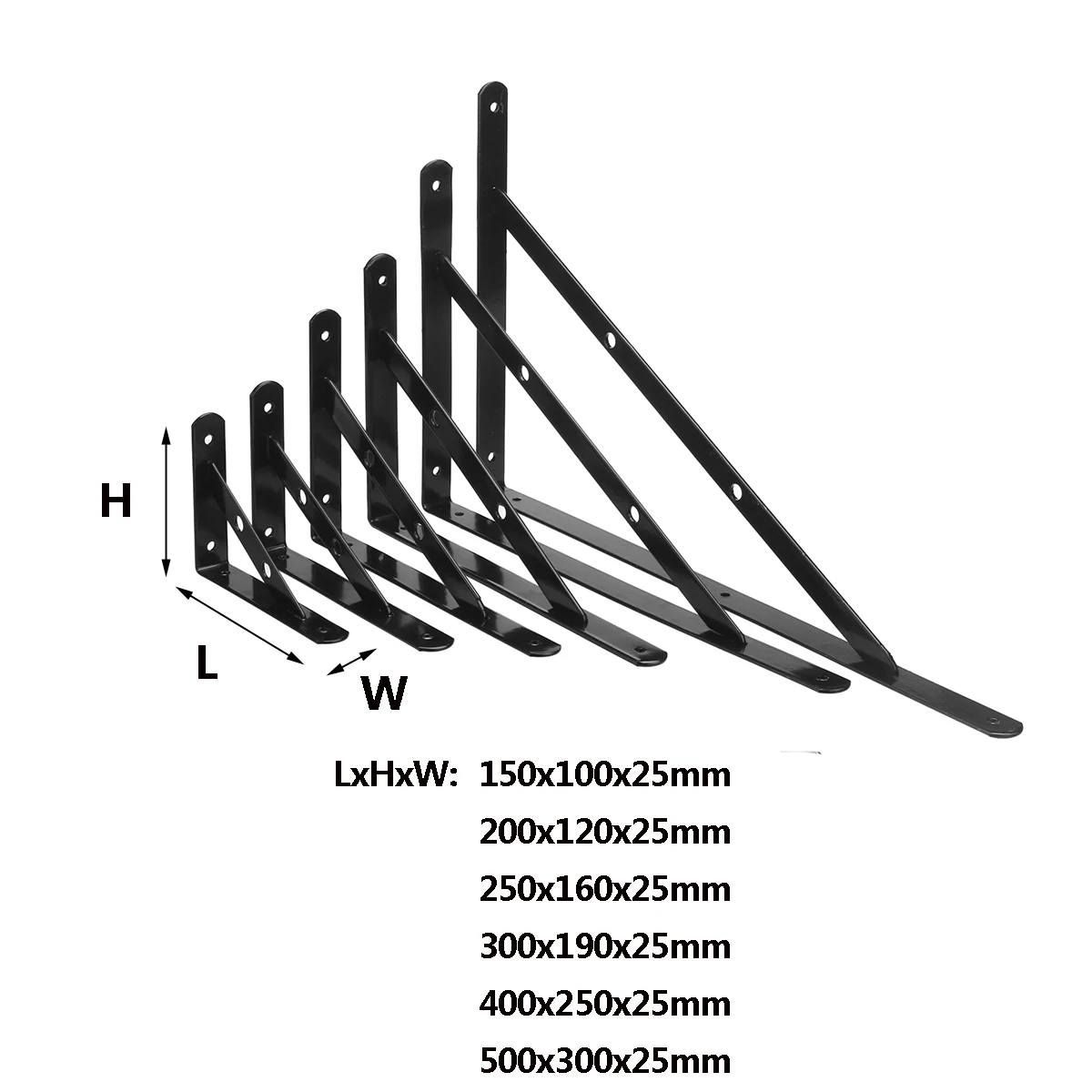 

1Pcs 6-19" Black Iron L-Shaped Braces Wall Shelf Bracket Holder Triangular Corner Brace Baking Wall Mounted Self Support Frame