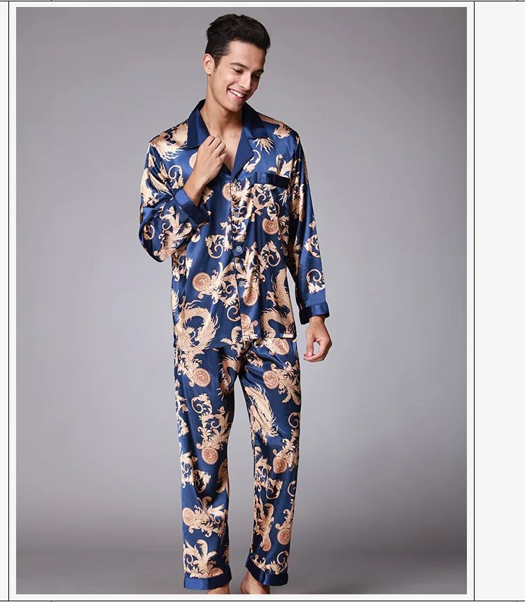 Мужская атласная Шелковая пижама с длинными рукавами из искусственного шелка, Пижамный костюм для мужчин, свободная Ночная Пижама с принтом пейсли, комплект из 2 предметов для мужчин