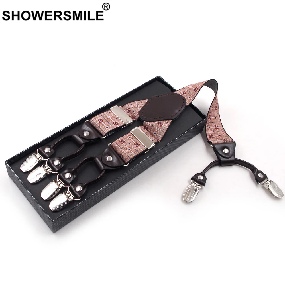 

SHOWERSMILE Elasticated Adult Suspenders Men Braces 6 Clip Plaid Floral Leather Strap Brand Male Elastic Suspenders 3.5cm*120cm