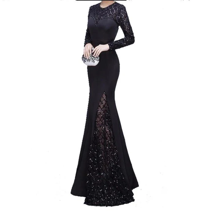 

2018 high top quality black sequins mermaid long sleeves prom dress sequin gown vestidos de fiestas largos elegantes bepeithy