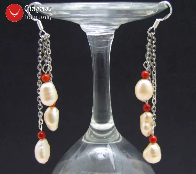 

Qingmos 3 Pieces Natural Pearl Earrings for Women with 7-9mm Light Pink Baroque Freshwater Pearl Dangle 3" Earrings Jewelry 549