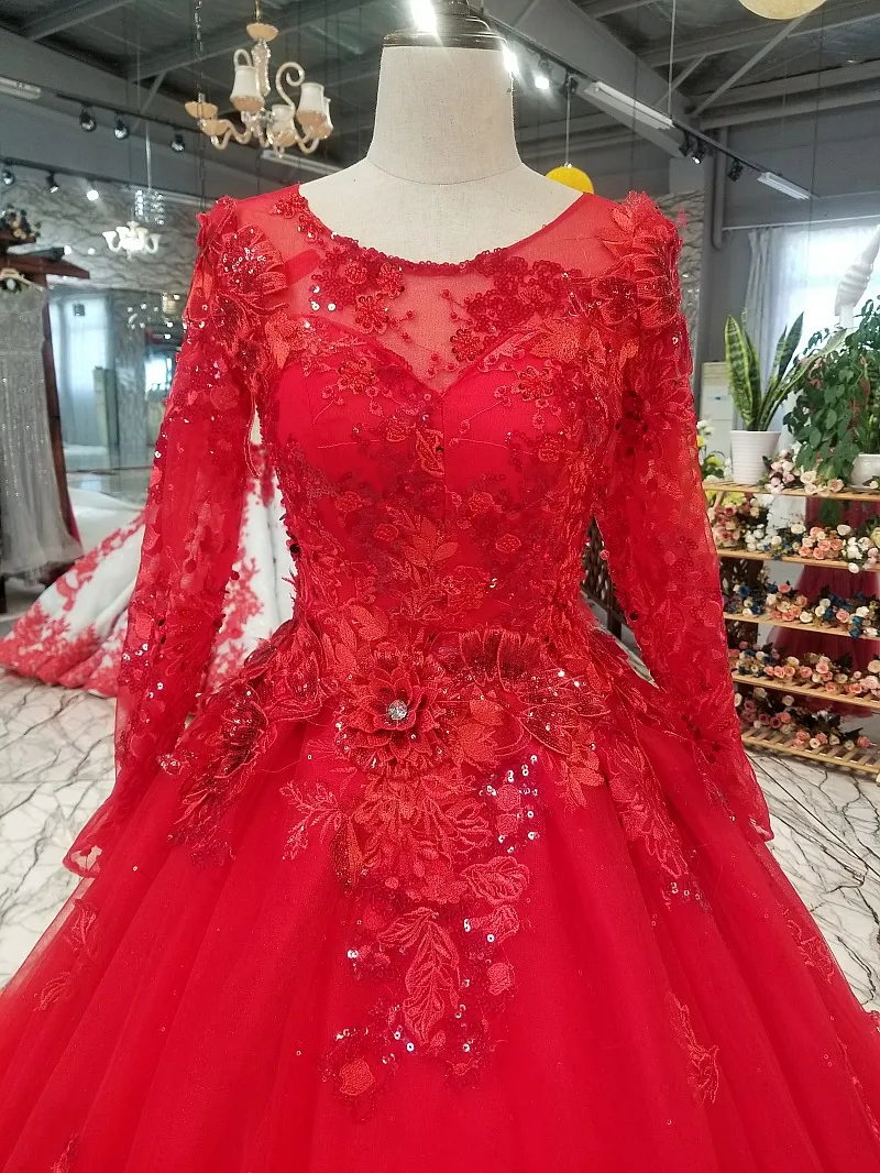 AXJFU/Новинка; роскошное свадебное платье принцессы с красным цветком, кружевом и бисером; розовое свадебное платье с длинными рукавами, расшитое бисером; настоящая фотография 91544