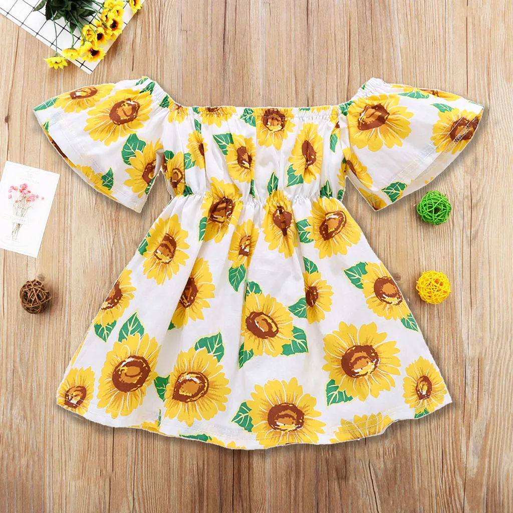 Newest Kids Baby Girl Dress Sunflower Print Off Shoulder Sundress Party