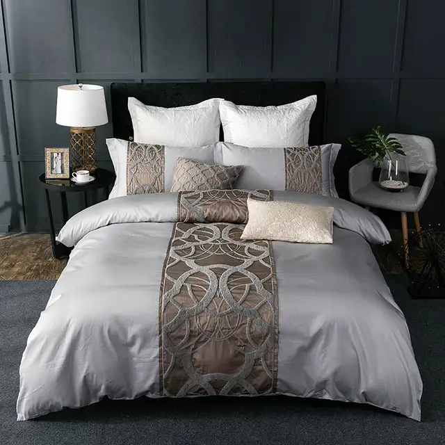 4 7pcs Grey White Bed Sheet Pillowcase Duvet Cover Set Luxury 60s