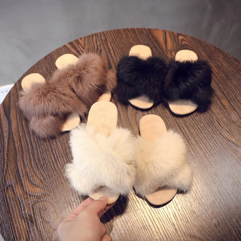 

New Kids Girls Autumn Spring Warm Fleece Soft Fluff Slippers New Children Plush Princess Solid Anti-Slip Sandals 3-6Y Baby Girl