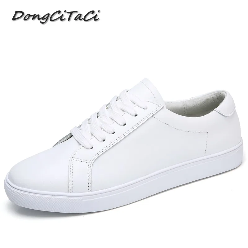 

DongCiTaCi Women Genuine Leather Flat Casual Shoes Woman Round Toe Loafers Female Soft Footwear Lace up Student White Shoes