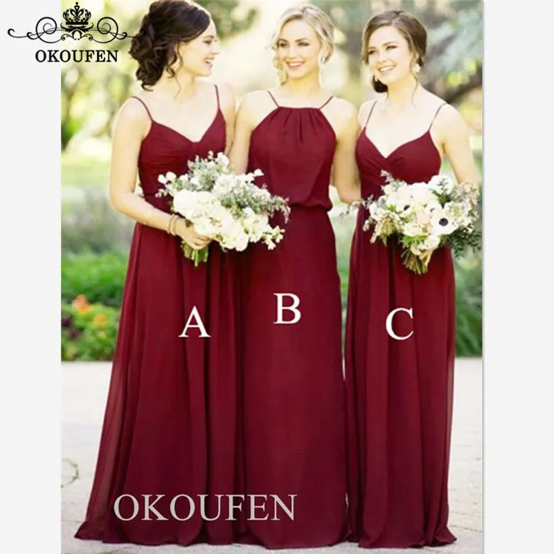 

Bohemia Dark Red Chiffon Bridesmaid Dresses 2019 3 Styles Long A Line Wholesale Price Beach Formal Dress For Wedding Party Gown
