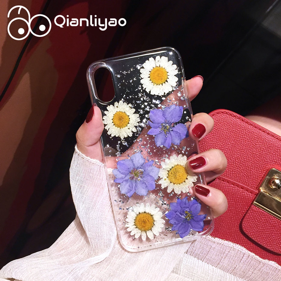 Qianliyao Роскошные настоящие сухие цветы чехол для телефона iPhone 6 6S 7 8 Plus X Чехлы