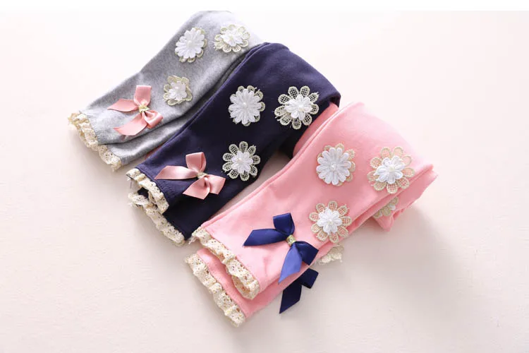 2018 Summer Kids Children Cotton Pink Gray Navy Blue Full Length Capri With Bow Flower Foral Lace Baby Girl Leggings Children (16)