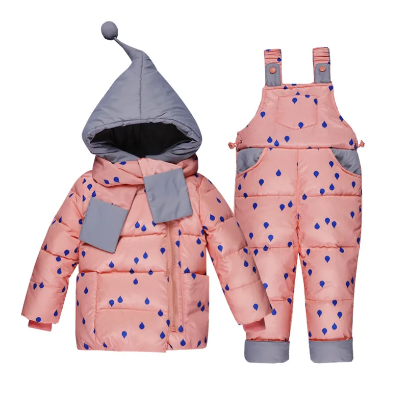 ZPW Baby Toddler Winter Snowsuit Polka Dot Scarf Hoodie Down Jacket Snowpants 2 Pieces Sets