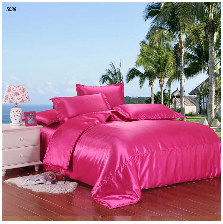 Rose red silk bedding 2sides silk bedding set satin silk bedsheet pillowcases quilt cover silk