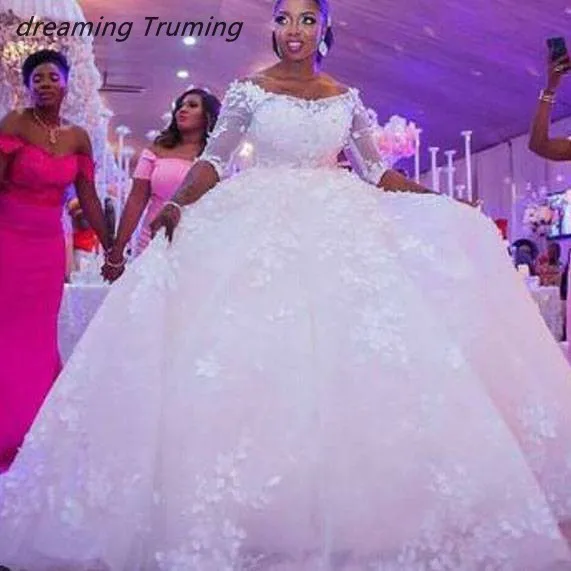 С длинным рукавом Африканский шар Свадебные платья 2019 аппликации кружево See Through плюс размеры белые свадебные платья индивидуальный заказ