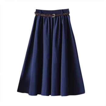 

New Fashion Harajuku Skirts Womens High Waist Pleated Knee Length Skirt Vintage Big Bow Side Skater Skirts With Belt
