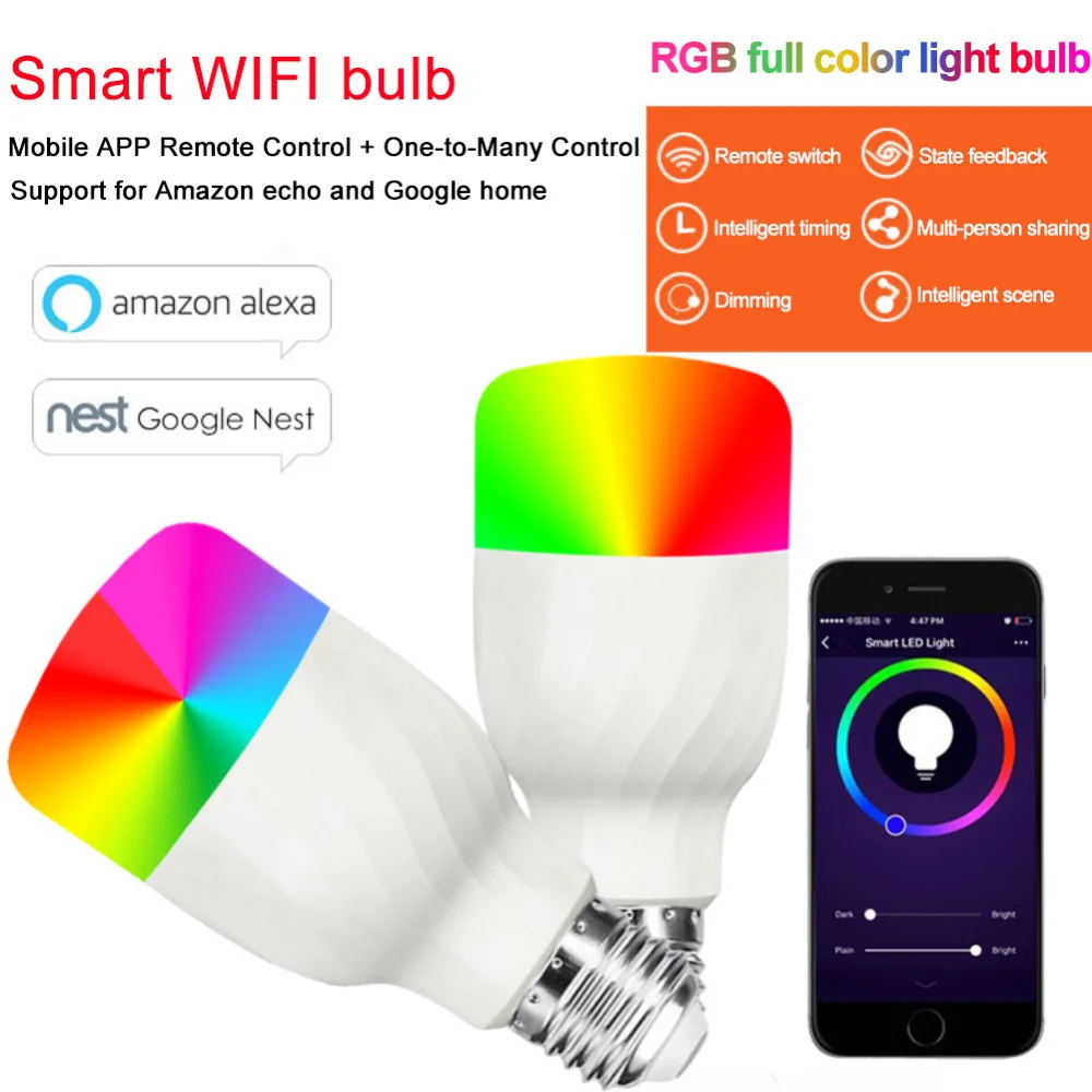 

Cellphone APP WiFi Voice Contro LED Bulb E27 B22 RGB Energy Saving Dimming Colorful Smart Light Bulbs Compatible Alexa Google